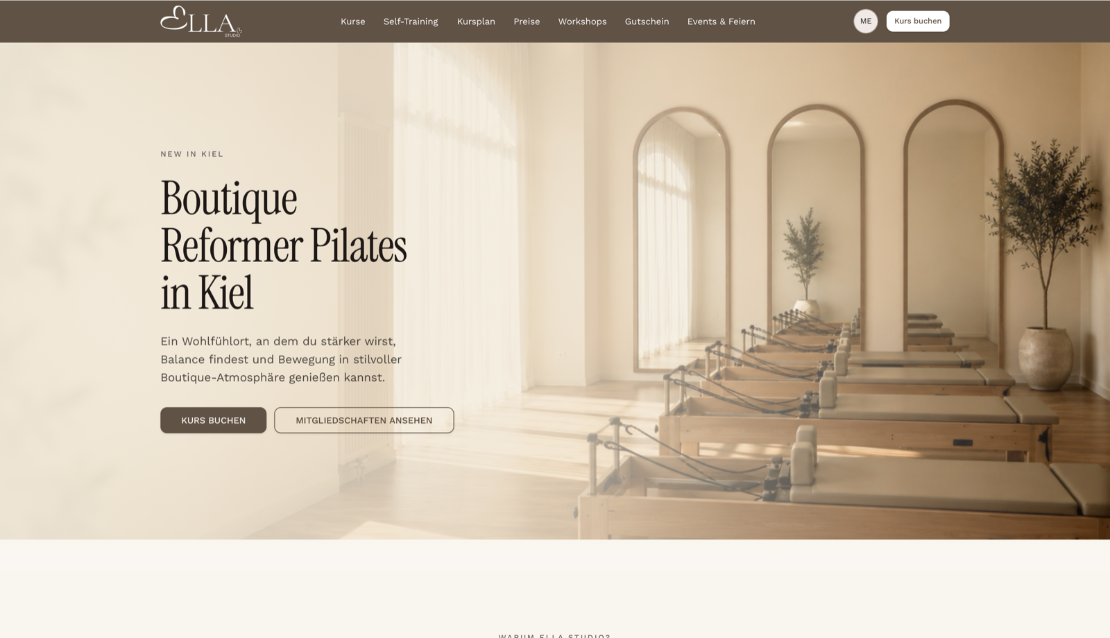 Website von ELLA Studio mit Einstieg in das integrierte Kurs- und Buchungsangebot