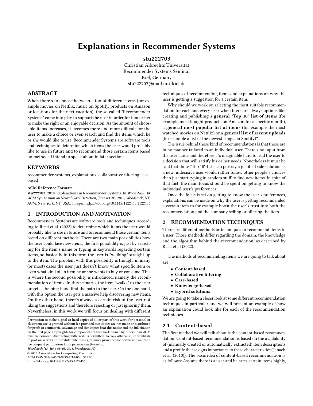 Seite 1 der Seminararbeit „Explanations in Recommender Systems“